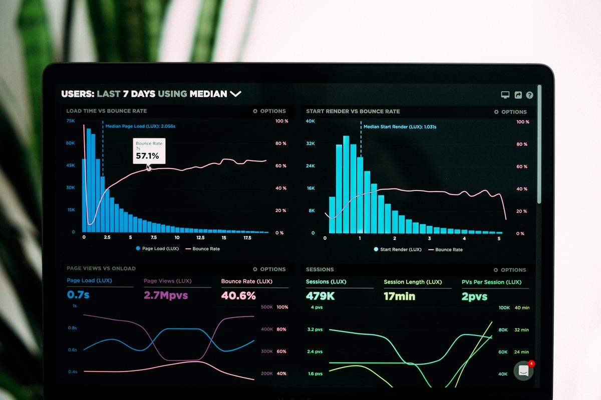 Illustration of a person analyzing SEO techniques on a computer screen with graphs and charts