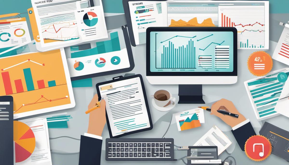 Illustration of hands analyzing charts and data, representing the power of analytics in blogging efforts.